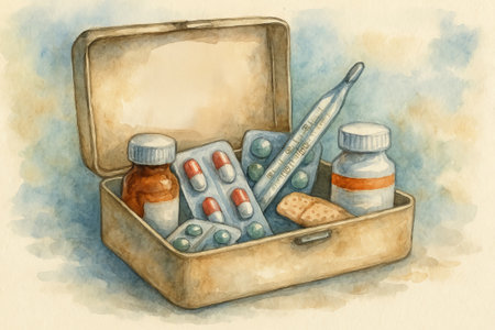 Watercolor illustration of a medical kit with pills, bottles, and thermometer on a soft background. concept of healthcare essentials, medicine organization, traveling supplies.の写真素材