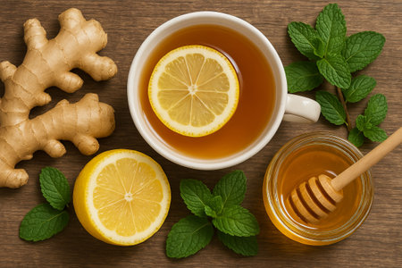 Herbal tea with ginger, lemon, and honey for cold relief on wooden background. concept of home remedy, natural healing, and relaxing warm beverage.の写真素材