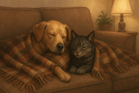 dog and cat sleeping under blanket on cozy couch in warm living room. concept of friendship, companionship, comfort, relaxation, cozy home, peaceful pets.の写真素材
