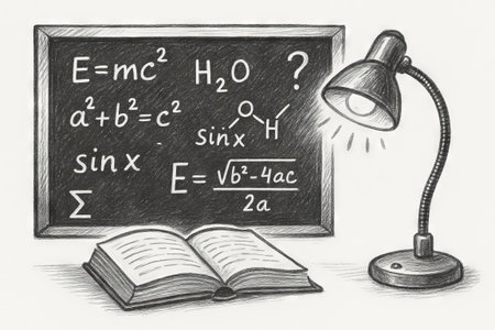 Math and science concepts illustrated with chalkboard, lamp, and open book on study desk. concept of education, learning, studying, white background.の写真素材