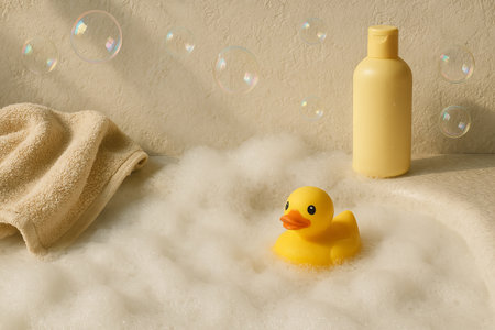Yellow rubber duck in bubble bath with towel and soap bottle in peaceful bathroom setting. concept of relaxation, bath time fun, childhood memories.の写真素材