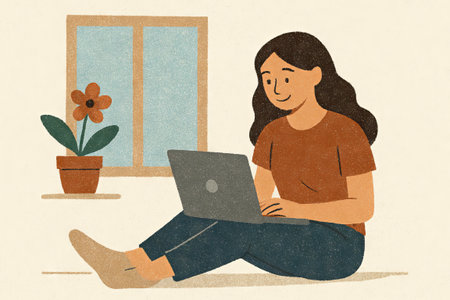 Young woman using a laptop while sitting on the floor by a window with a potted plant. concept of informal workspace, technology use, comfortable home setting.の写真素材