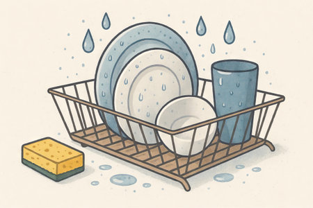 Illustrative dishes on drying rack with drops and sponge for everyday kitchen chores. concept of cleanliness, kitchenware organization, and domestic task.の写真素材