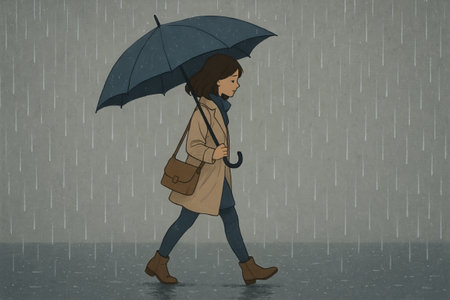 Woman walking under an umbrella in the rain on a gray day. concept of rainy weather, casual stroll, staying dry.の写真素材