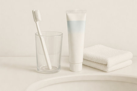 Bathroom sink with toothbrush, toothpaste, and towel arrangement in a minimalist style. concept of personal care, hygiene, simple bathroom decor.の写真素材