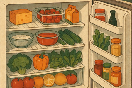 Neatly organized refrigerator interior with fresh vegetables, fruits, and dairy products. concept of healthy eating, kitchen organization, food storage.の写真素材