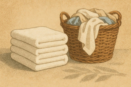 Stack of soft towels and basket with linens on beige background. concept of home organization, cozy decor, laundry essentials, simple composition.の写真素材
