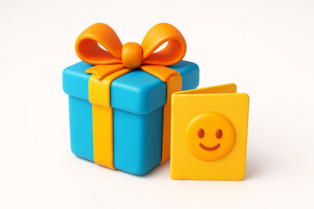 Brightly wrapped gift box with cheerful yellow card and orange bow, isolated on white background. concept of celebration, joyful gift giving, festive surprise.の写真素材