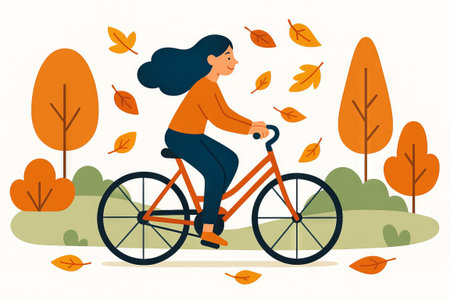 Young woman riding bicycle through autumn leaves in a park. concept of outdoor recreation, autumn season, biking adventure in nature., white background.の写真素材