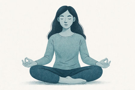 Illustration of woman meditating in cold tones with eyes closed and crossed legs. concept of tranquility, inner peace, mindfulness practice, relaxation, white background.の写真素材