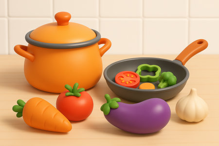 Colorful kitchen utensils and play vegetables with orange pot and gray pan for cooking fun. concept of toy kitchen playset, child's imaginative cooking, fun playtime.の写真素材