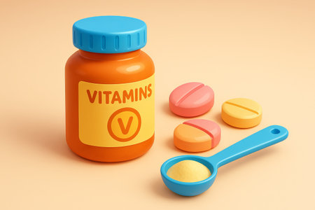 Colorful vitamin bottle and pills with measuring spoon on orange background. concept of health, nutrition, vitamin supplements, healthy lifestyle.の写真素材