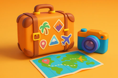 illustration of travel suitcase, camera, and map on orange background. concept of vacation adventure, travel essentials, holiday planning.の写真素材