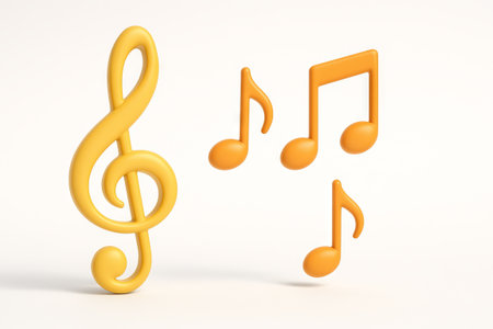 Yellow treble clef and musical notes on white background. concept of music symbol, melody composition, musical design., white background.の写真素材
