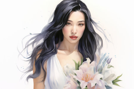 Watercolor portrait of an east asian bride holding a bouquet of flowers with flowing hair. concept of bridal beauty, elegance, wedding art, white background.の写真素材