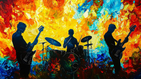 Vibrant silhouette of band performance against an abstract colorful background. concept of energetic...