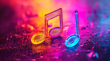 Vibrant neon music note on colorful surface capturing chaos and energy in a dynamic abstract expression of musical passion and artistry.の写真素材
