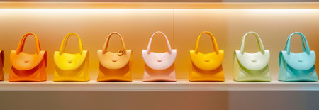 Colorful fashionable women's handbags displayed on elegant shelf in modern store. concept of fashion...
