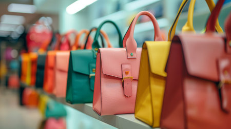 Fashionable women's handbags in vibrant colors displayed on a store shelf. concept of style,...