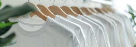 Row of neatly hung white t-shirts on wooden hangers in bright closet. concept of wardrobe...