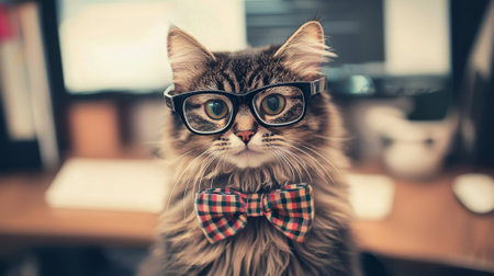 Fluffy cat wearing oversized glasses and plaid bow tie in quirky nerdy style portrait illustration.の写真素材