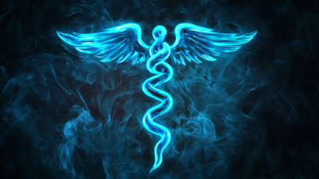 Glowing blue caduceus symbol on dark background highlighting medical emblem and healing concept.の写真素材