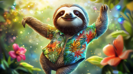 Happy dancing sloth in floral shirt surrounded by colorful tropical flowers. concept of joyful wildlife, cheerful animal adventure, vibrant jungle scene.の写真素材