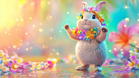 Cheerful rabbit wearing colorful flower garlands with vibrant background and sparkling lights. concept of joyful celebration, whimsical scene, festive mood, copy space.の写真素材