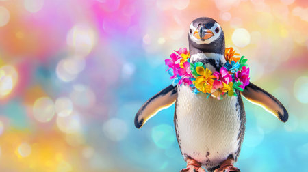 Cheerful penguin wearing colorful floral necklace on vibrant background. concept of joyful wildlife,...