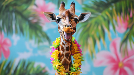 Cheerful giraffe wearing colorful lei necklaces against tropical floral background concept of joyful wildlife, summer vibes, playful animal delight.の写真素材