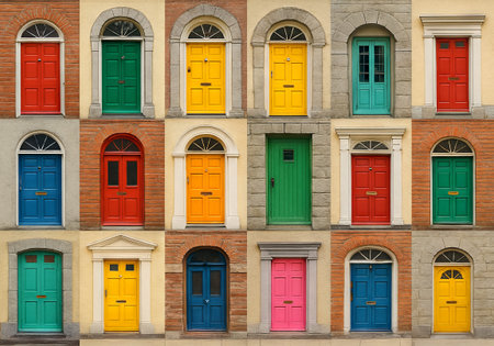 Colorful front doors on a vibrant building facade showcasing charming architectural variety, urban...