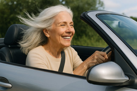 Senior woman with gray hair enjoying a drive in a convertible car, embracing freedom and joy on a scenic road trip. concept of adventure, freedom, enjoyment.の写真素材