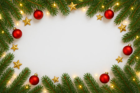 Festive christmas background with red baubles, pine branches, and golden stars for holiday celebrations. concept of seasonal decor, winter festivity, merry christmas. Copy space.の写真素材
