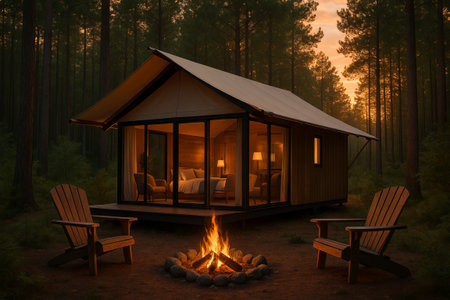 Modern glamping modular cabin in forest at sunset with cozy interior and campfire surrounded by wooden chairs. Concept of luxury camping, outdoor retreat, eco tourism.の写真素材