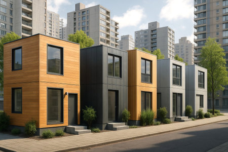 Contemporary modular homes with geometric design on urban street surrounded by tall apartment buildings. Concept of affordable housing, compact living, modern prefab architecture.の写真素材