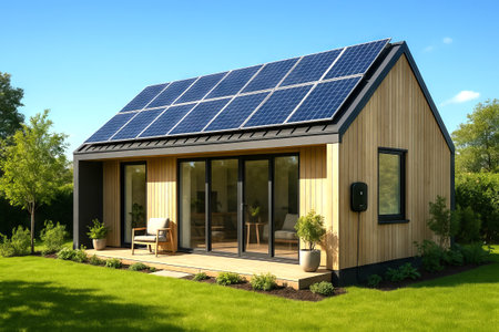 Modular home. Modern eco-friendly tiny house with solar panels in lush green garden. concept of sustainable architecture, renewable energy, minimalist living.の写真素材
