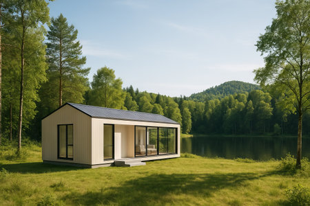 Modern modular home with large panoramic windows in green forest by mountain lake. Concept of sustainable living, eco architecture, prefabricated house, off grid lifestyle, nature retreat.の写真素材