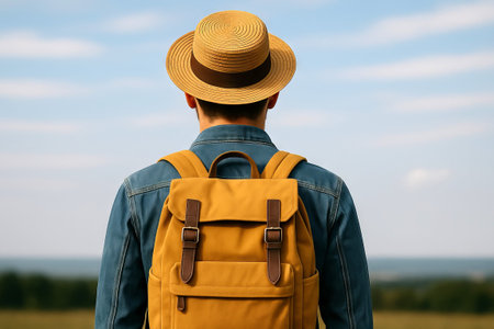 Man in straw hat and backpack enjoys scenic outdoor adventure with clear blue skies and open landscape. concept of travel, exploration, outdoor activity.の写真素材
