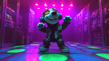 Animated dog character wearing headphones and a leather jacket dancing on a colorful dance floor in a neon-lit club. Concept of fun, music, and vibrant nightlife, funny animal.の写真素材