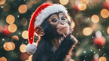 Young chimpanzee wearing a Santa hat posing thoughtfully in front of a festive Christmas tree with twinkling lights and snowfall. Concept of holiday spirit, curiosity, and joy, funny animal.の写真素材
