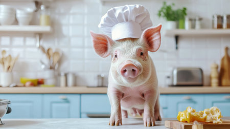 Cute pig wearing chef's hat standing in a bright kitchen with kitchen utensils and food items. Concept of cooking, pets, animal chefs, culinary fun and adorable moments, funny animal.の写真素材