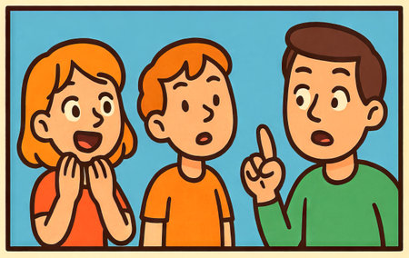 Cartoon illustration of two children listening intently to an adult with a serious expression. concept of communication, storytelling, expression, attentive listening, childhood curiosity.の写真素材
