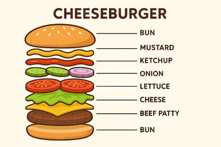 Illustrated cheeseburger diagram with detailed ingredient layers including bun, mustard, ketchup, onion, lettuce, cheese, beef patty.の写真素材