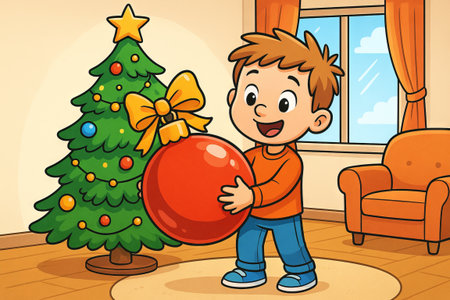 Young boy holding red christmas ornament near decorated tree indoors. concept of holiday cheer, celebration, festive decoration, joyful childlike wonder.の写真素材