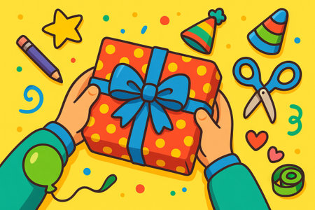 Child s gift with bow simple illustration featuring hands holding present with confetti, party hats, and balloon ribbon. concept of celebration, joyful surprise, festive moment.の写真素材