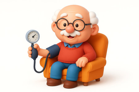 Grandfather sitting in armchair with blood pressure monitor in hand. concept of health check-up, elderly care, healthcare awareness, white background.の写真素材
