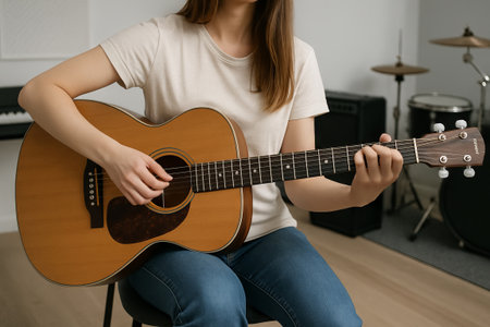 Woman learning to play acoustic guitar in music class, concept of guitar lesson, musical instrument, beginner musician, indoor music session, skill development.の写真素材