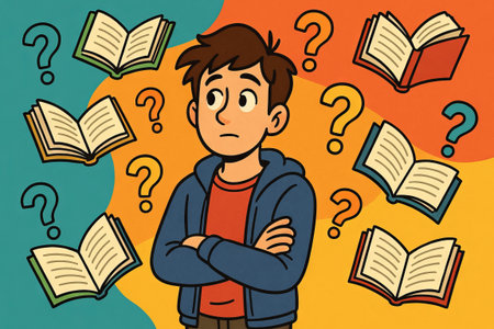 Illustration of curious boy surrounded by books and question marks. concept of curiosity, learning, education exploration, young student thinking, problem solving, childhood wonder.の写真素材