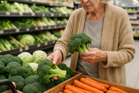 Senior woman picking fresh vegetables at grocery store including broccoli and carrots. concept of healthy eating, shopping, fresh produce.の写真素材