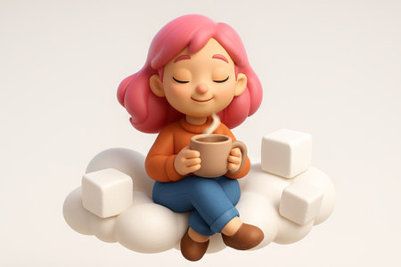 Cartoon woman with pink hair drinking a hot coffee on a floating cloud with sugar cubes. concept of relaxation, coffee break, imagination, playful scene, dream.の写真素材